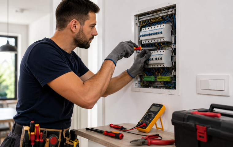 Tecnico durante un intervento elettrico su quadro e componenti dell’impianto domestico